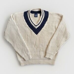 GAP Vintage Cable Knit Cricket Sweater V-Neck 90s Oversized Fit - Men's M
